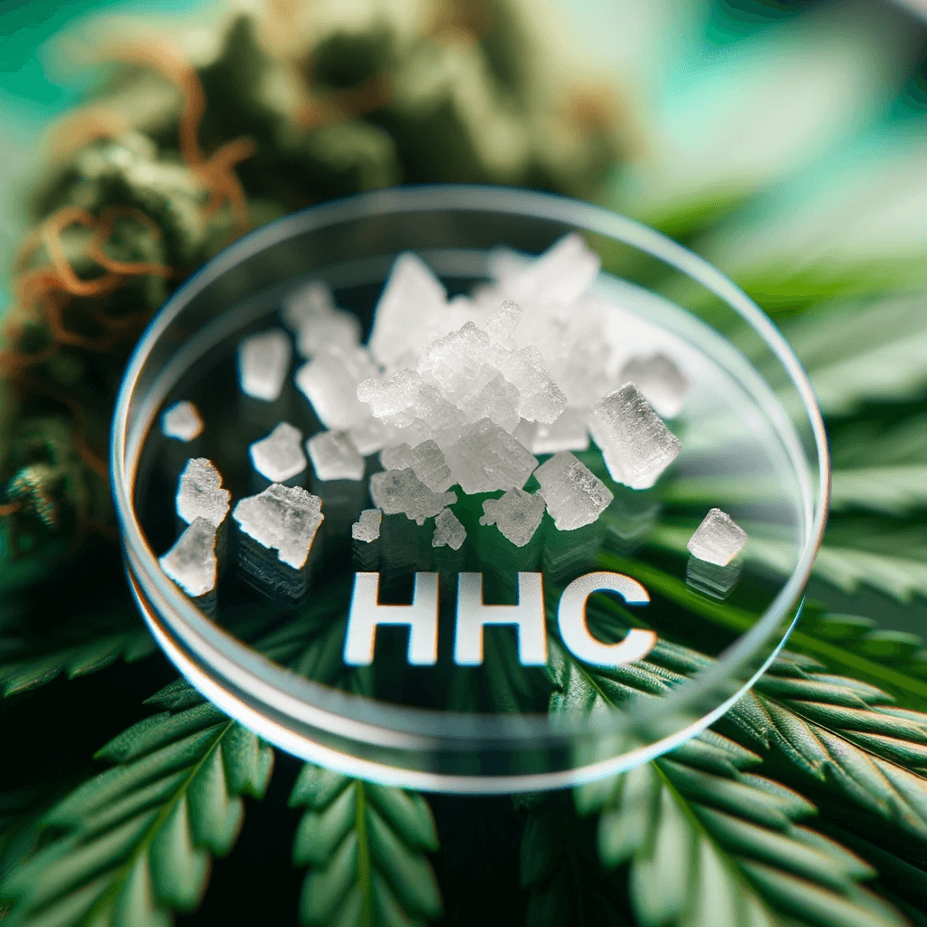 Primo piano dei cristalli di cannabis HHC con una foglia di cannabis sullo sfondo.