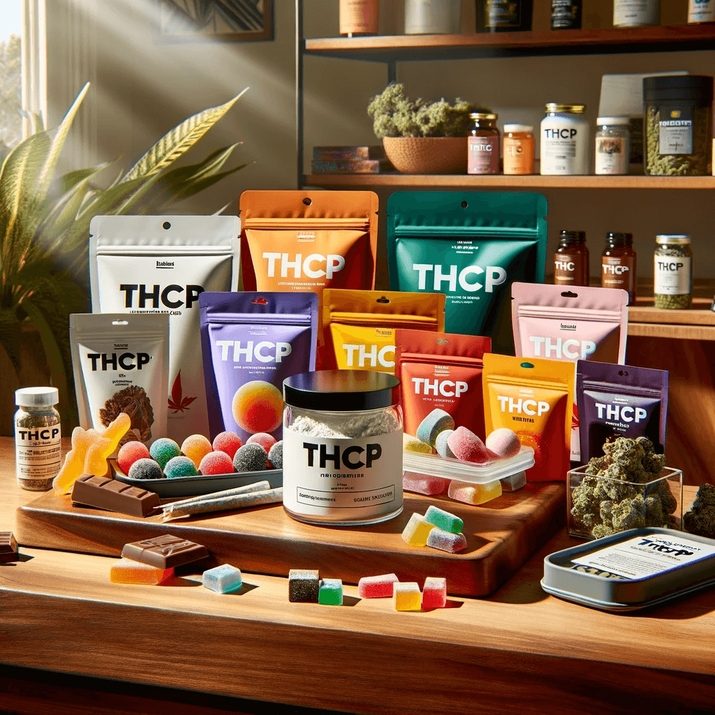 Variété de produits THCP présentés sur une étagère en bois.