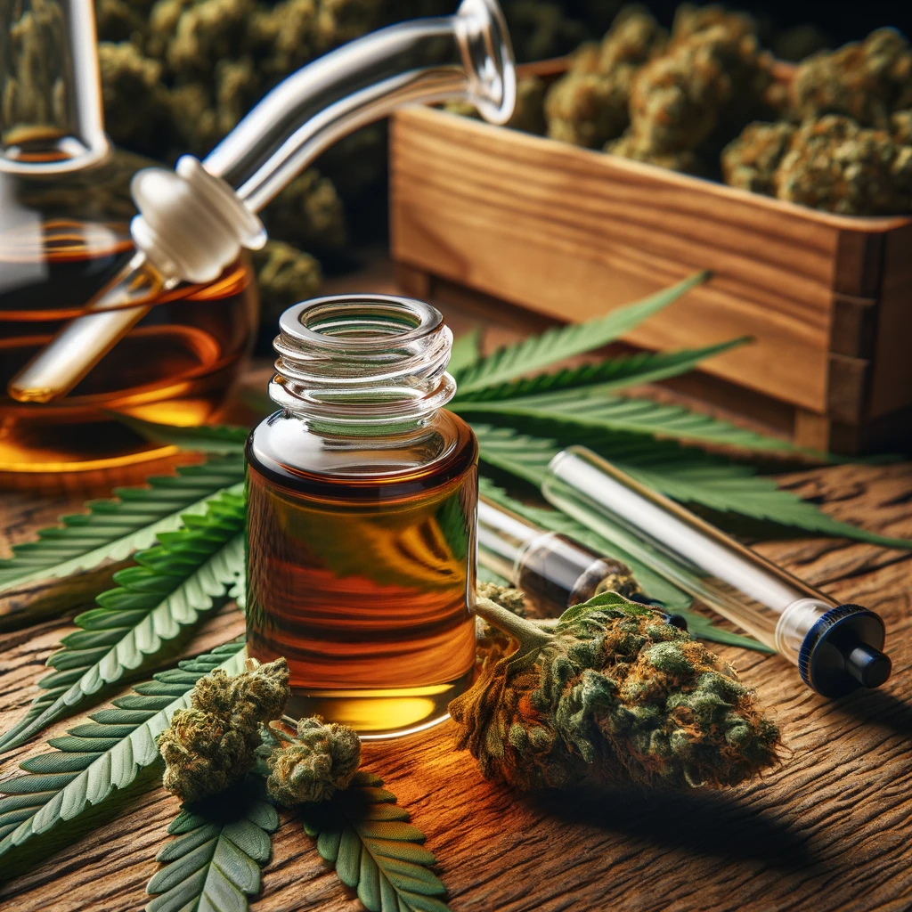 Récipient en verre contenant du distillat de HHC sur une table en bois, complété par des feuilles de cannabis et des accessoires pour fumer.