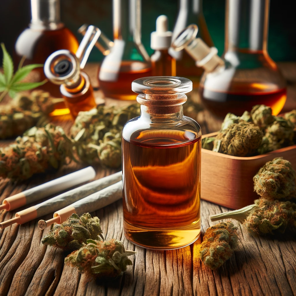 Distillat de HHC dans un récipient transparent sur une surface en bois avec des bourgeons de cannabis, des feuilles et du matériel de fumage.
