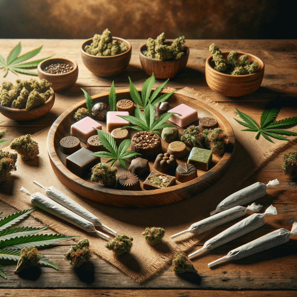 Forskellige CBD-spiselige produkter med cannabisblade, joints og knopper på et træbord.