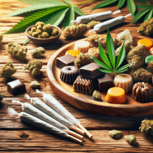 Variedad de comestibles de CBD con hojas de cannabis, porros y cogollos en una mesa de madera.