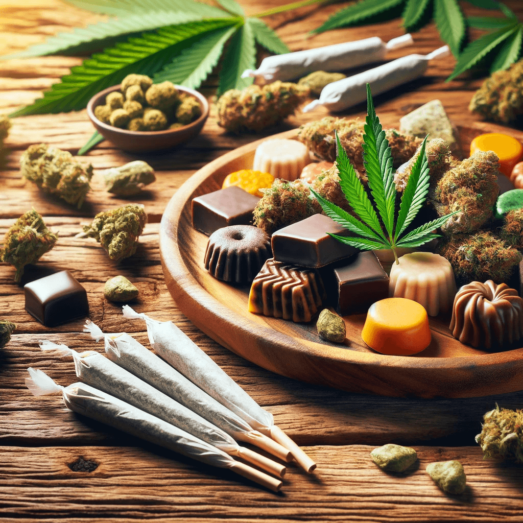 Variedad de comestibles de CBD con hojas de cannabis, porros y cogollos en una mesa de madera.