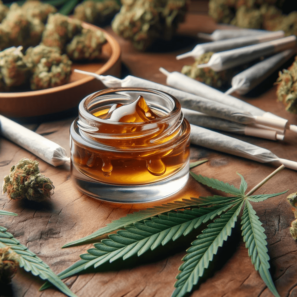 Dabs HHC (cire de cannabis) présentés dans un bocal en verre ouvert sur une table en bois, parmi des feuilles de cannabis éparpillées, des bourgeons et plusieurs joints.
