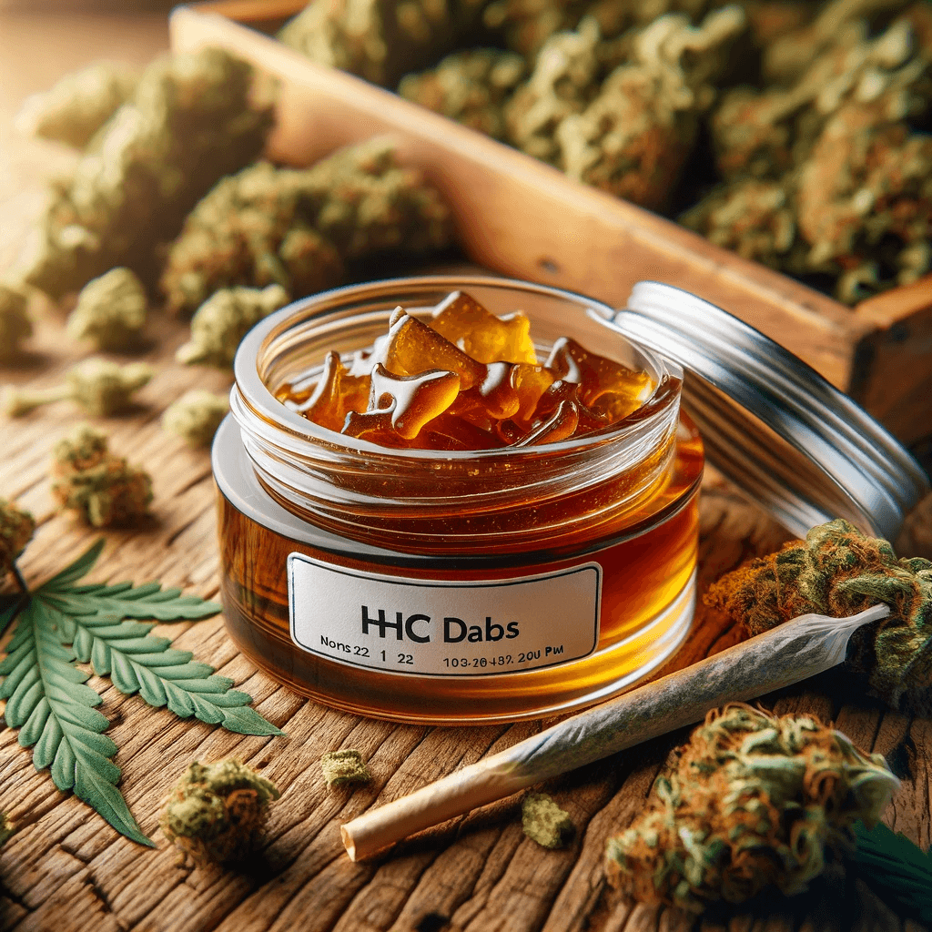 HHC dabs (cannabis wax) showcased in an open glass jar on a wooden table, amidst scattered cannabis leaves, buds, and several joints.