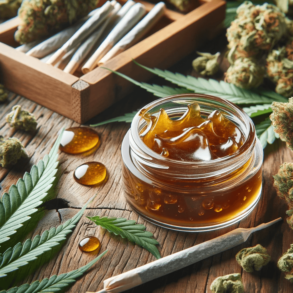 Close-up of HHC dabs (cannabis wax) in a glass container, on a wooden table with cannabis leaves, buds, and joints artistically arranged around it.