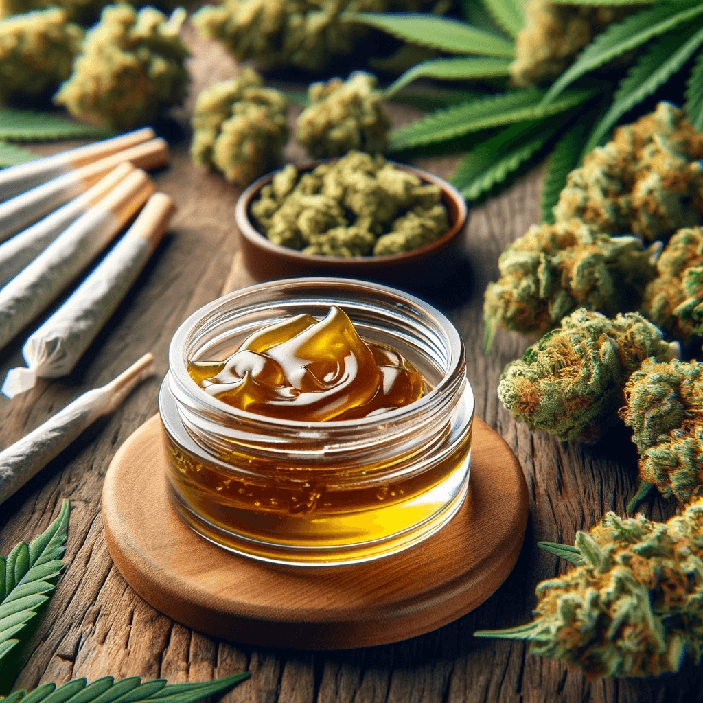 Dabs HHC (cera di cannabis) in un barattolo di vetro accanto a una foglia di cannabis su un tavolo in legno.