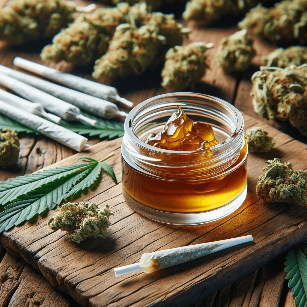 Dabs HHC (cera di cannabis) presentati in un barattolo di vetro aperto su un tavolo in legno, tra foglie di cannabis sparse, boccioli e diversi joint.