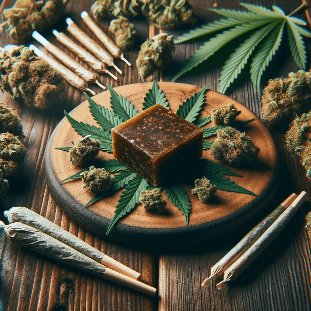 Résine HHC sur une table avec des feuilles de cannabis et des joints artistiquement disposés