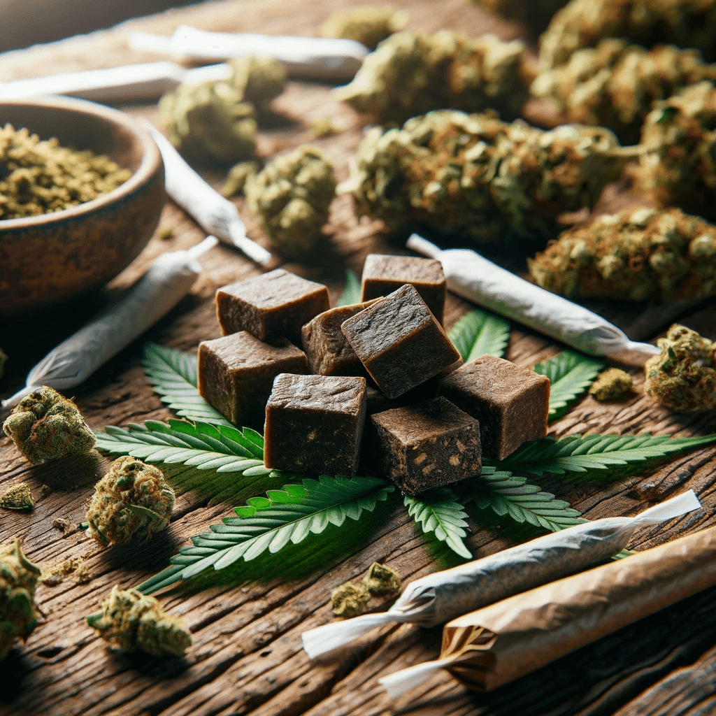 Résine HHC élégamment disposée parmi des feuilles de cannabis et des joints sur fond rustique