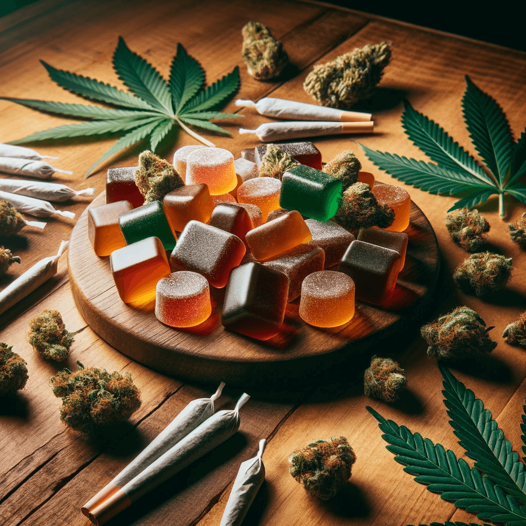 Variedad de gominolas de THCP en una mesa de madera, acompañadas de elementos naturales de cannabis.