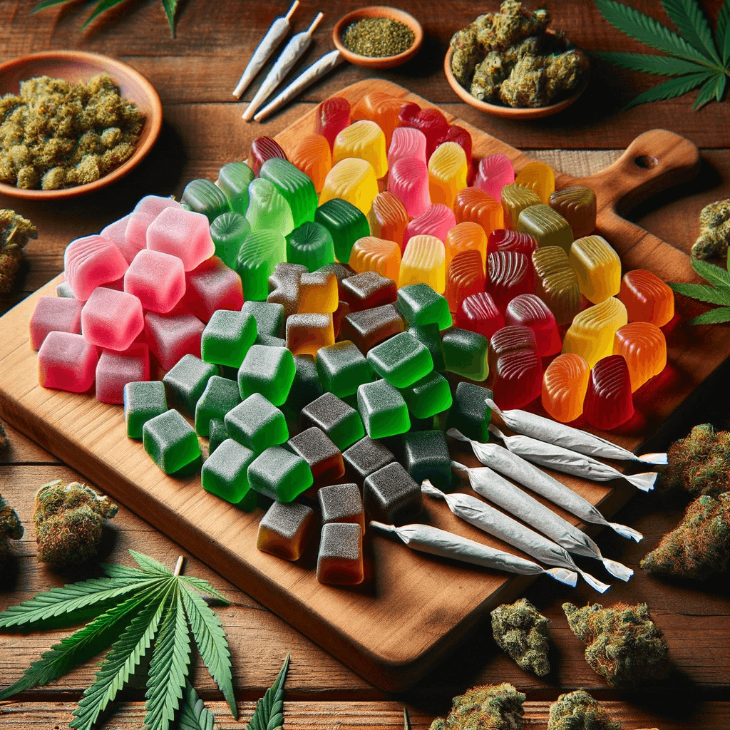 Comestibles de THCP, específicamente gominolas, en una mesa de madera rodeada de hojas de cannabis, cogollos y porros.