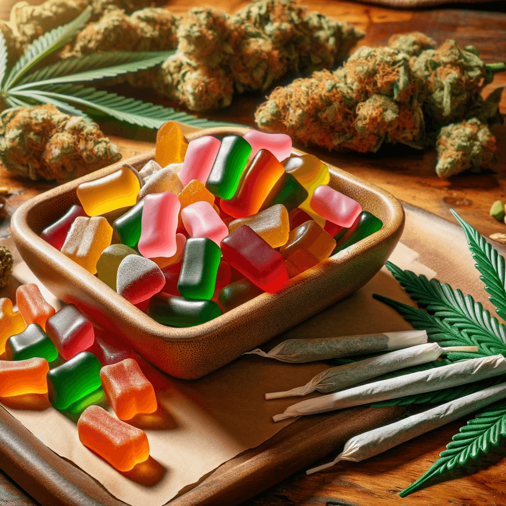 Bonbons au THCP, gommes, sur table en bois avec cannabis, bourgeons et joints en toile de fond.