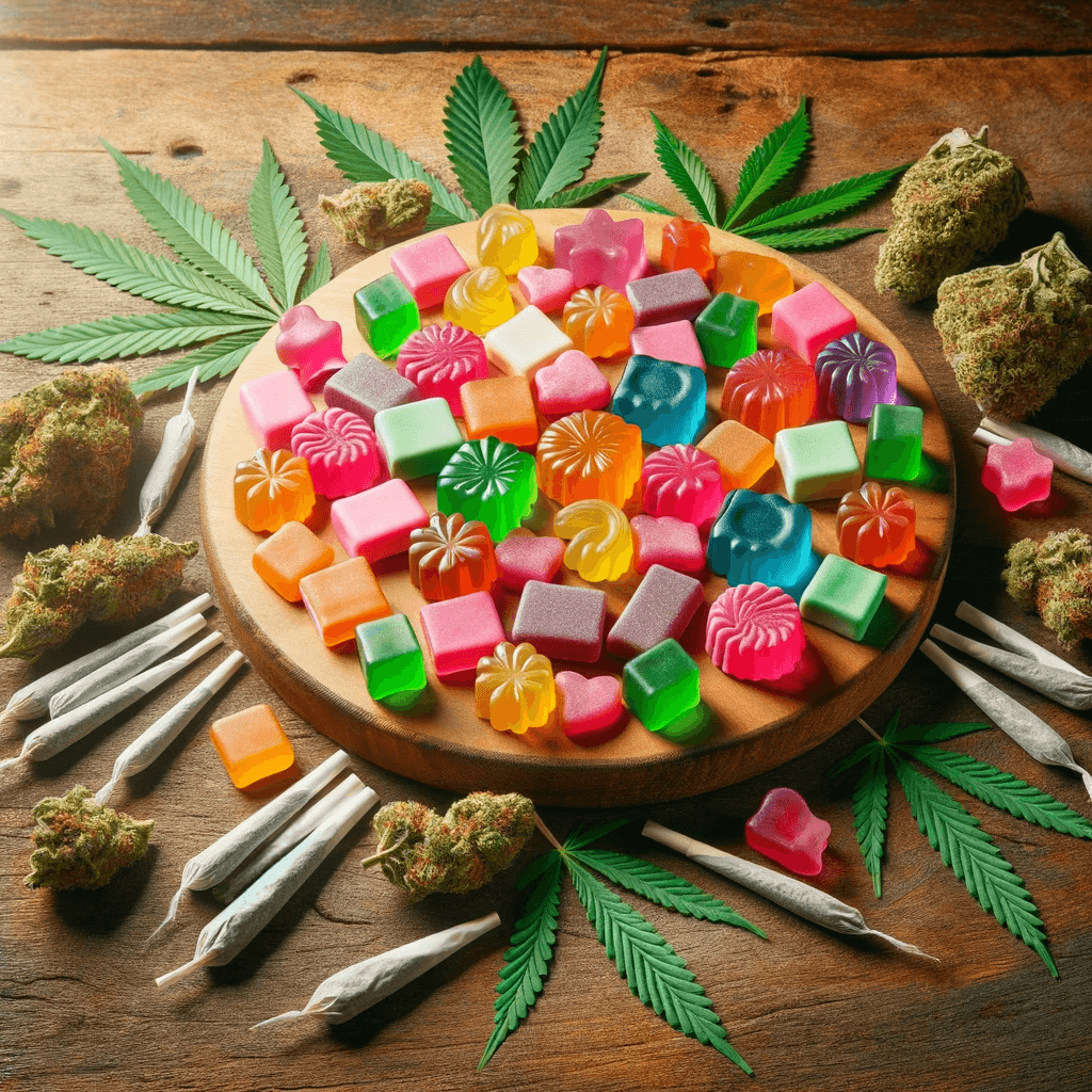 Gommes au THCP sur une table en bois avec feuilles de cannabis, bourgeons et joints disposés autour.