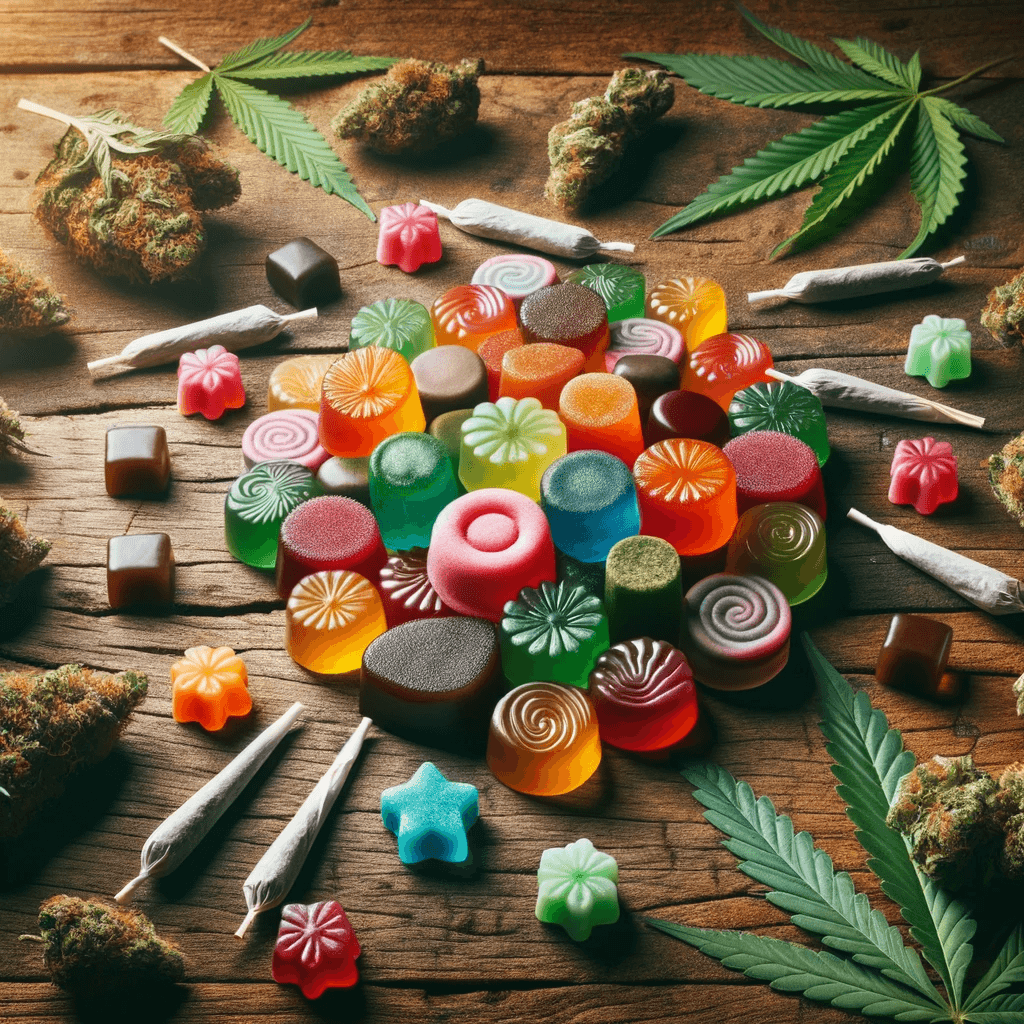 Gommes au THCP disposées élégamment sur une table en bois, entourées de feuilles de cannabis, de bourgeons et de joints.