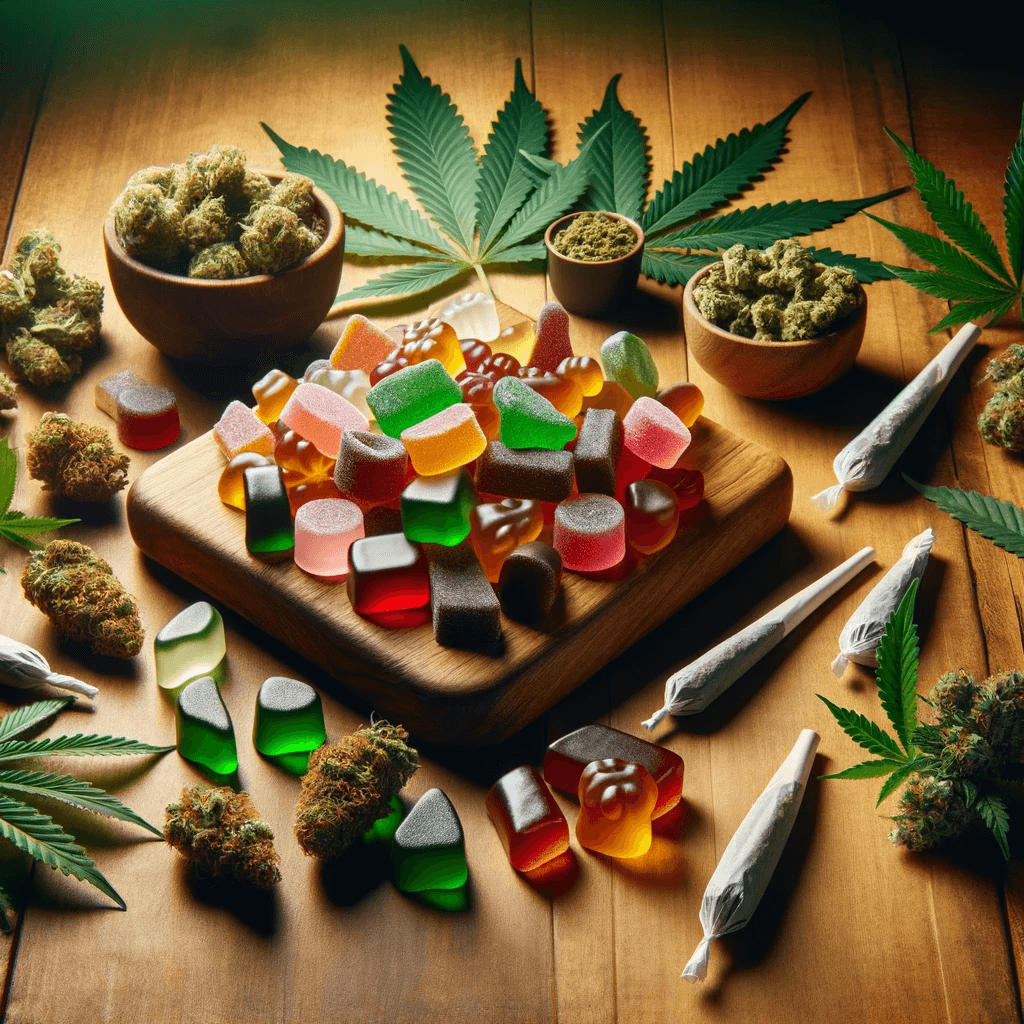 Gominolas de THCP sobre una mesa de madera con hojas de cannabis, cogollos y porros como decoración.