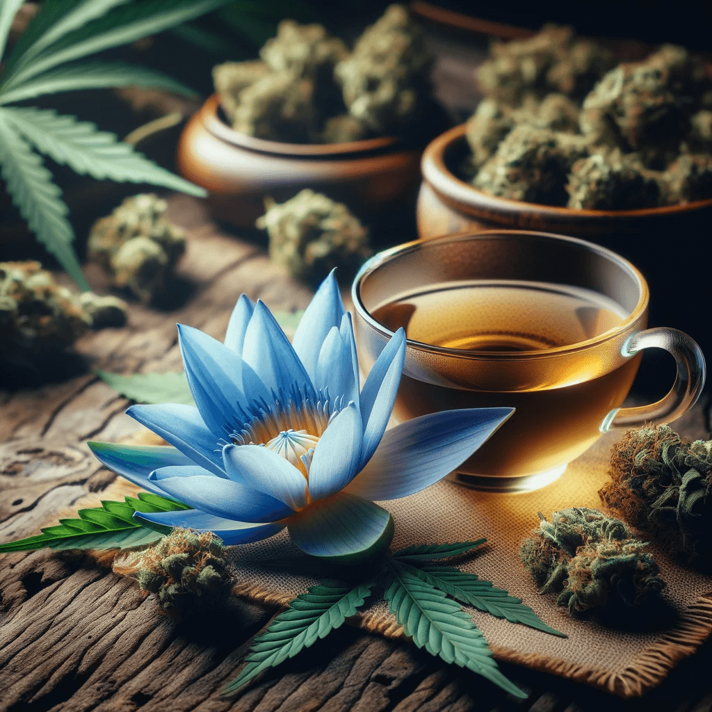 Τσάι μπλε λωτού και διάταξη λουλουδιών σε ξύλινο τραπέζι με φύλλα κάνναβης