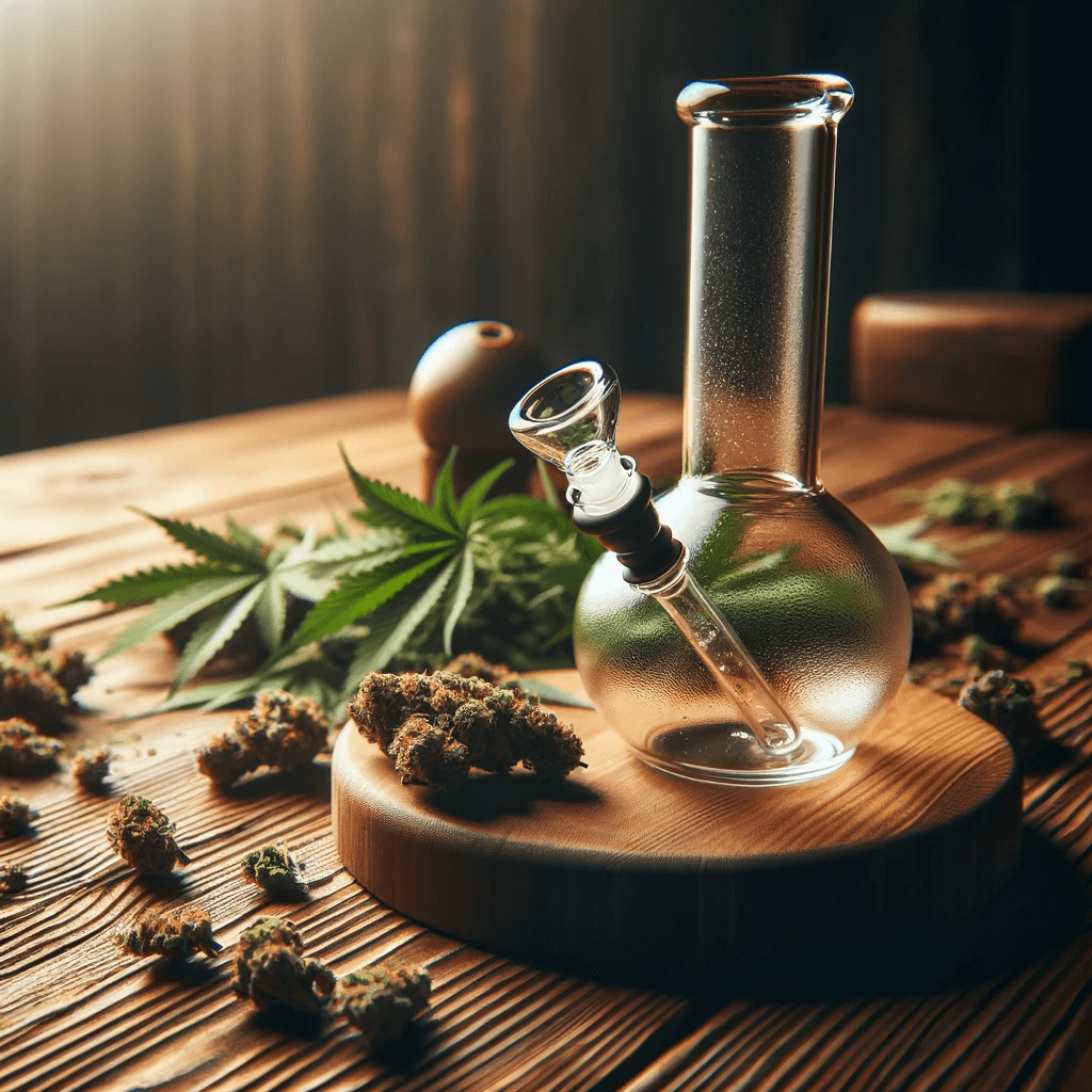 Bong de cristal con cogollos y hojas de cannabis sobre una mesa de roble.
