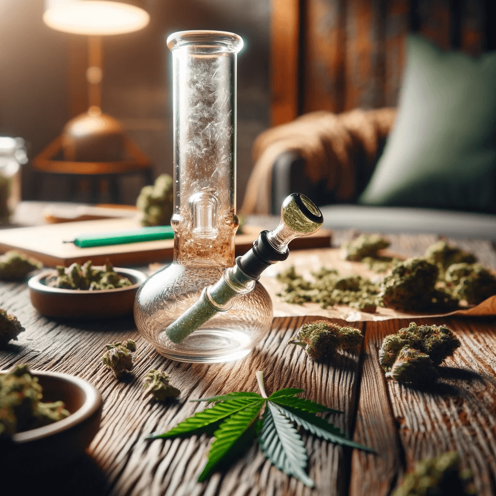 Glass bong on a wooden table surrounded by cannabis buds and leaves.