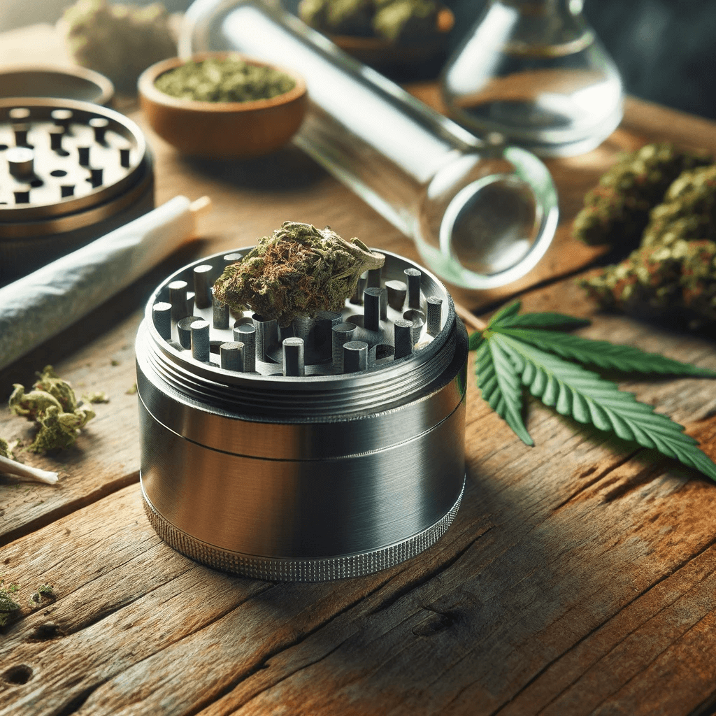 Un grinder bien utilisé avec des accessoires de cannabis sur une vieille table en bois.