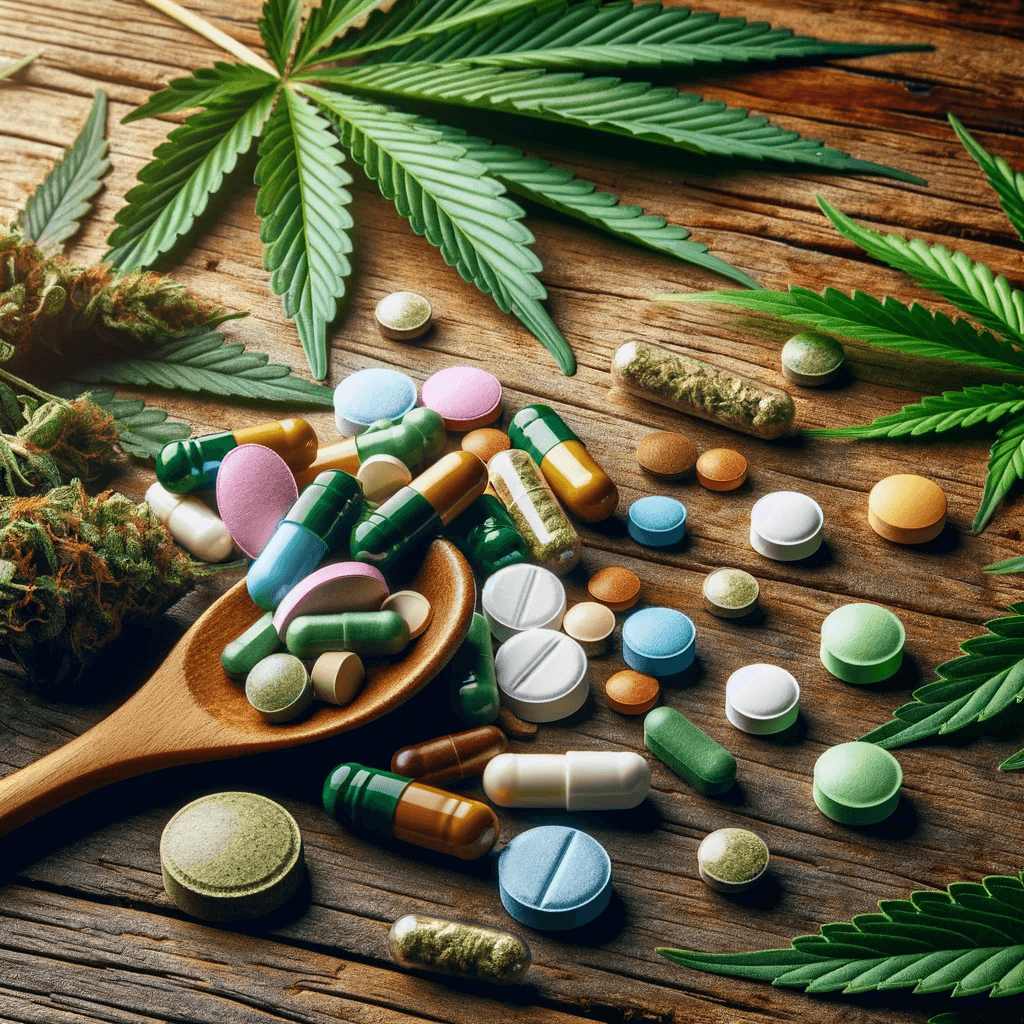 Happy Caps pills on a wooden table surrounded by cannabis leaves and buds.