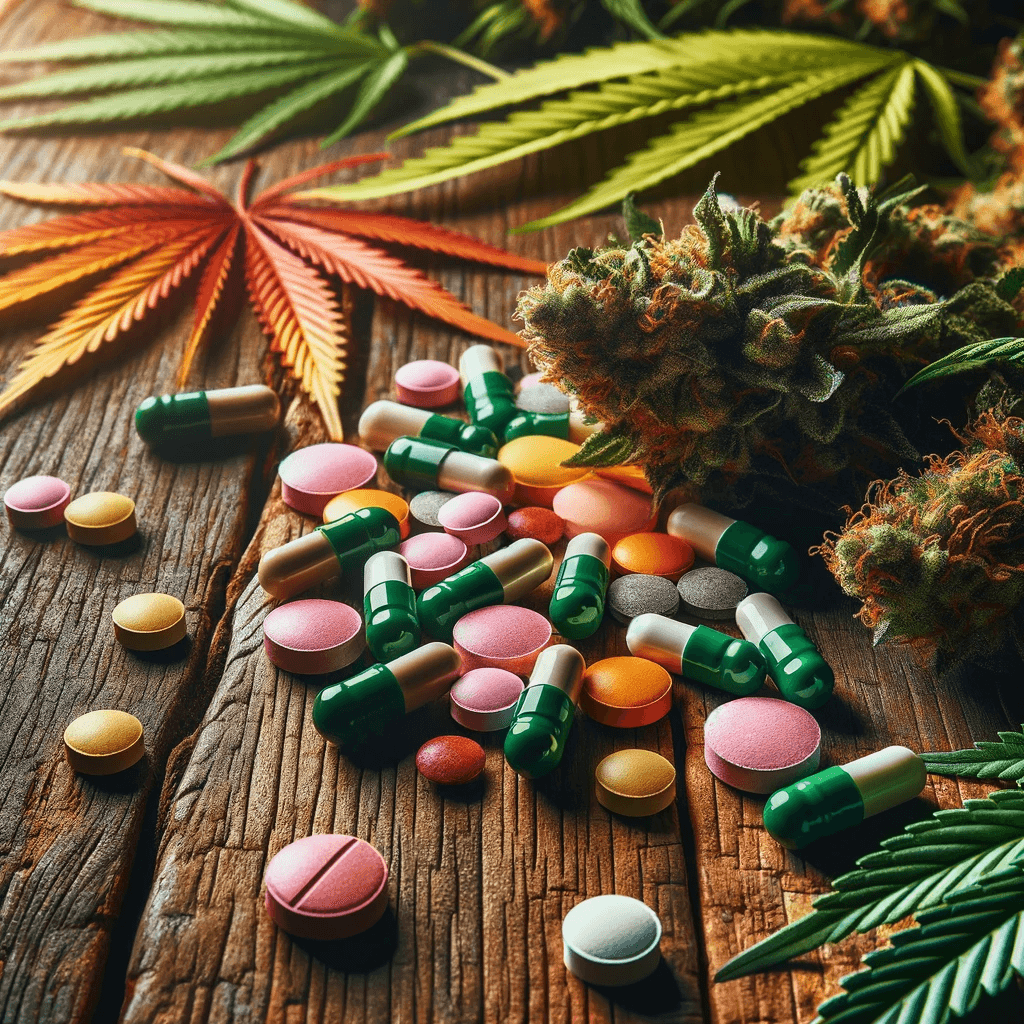 Présentation élégante de pilules Happy Caps parmi des feuilles de cannabis sur une table en bois texturé.