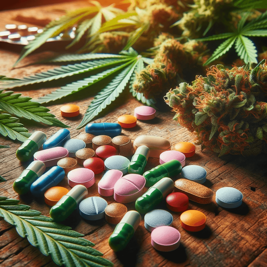 Artistic arrangement of Happy Caps pills with cannabis foliage on a wooden background.