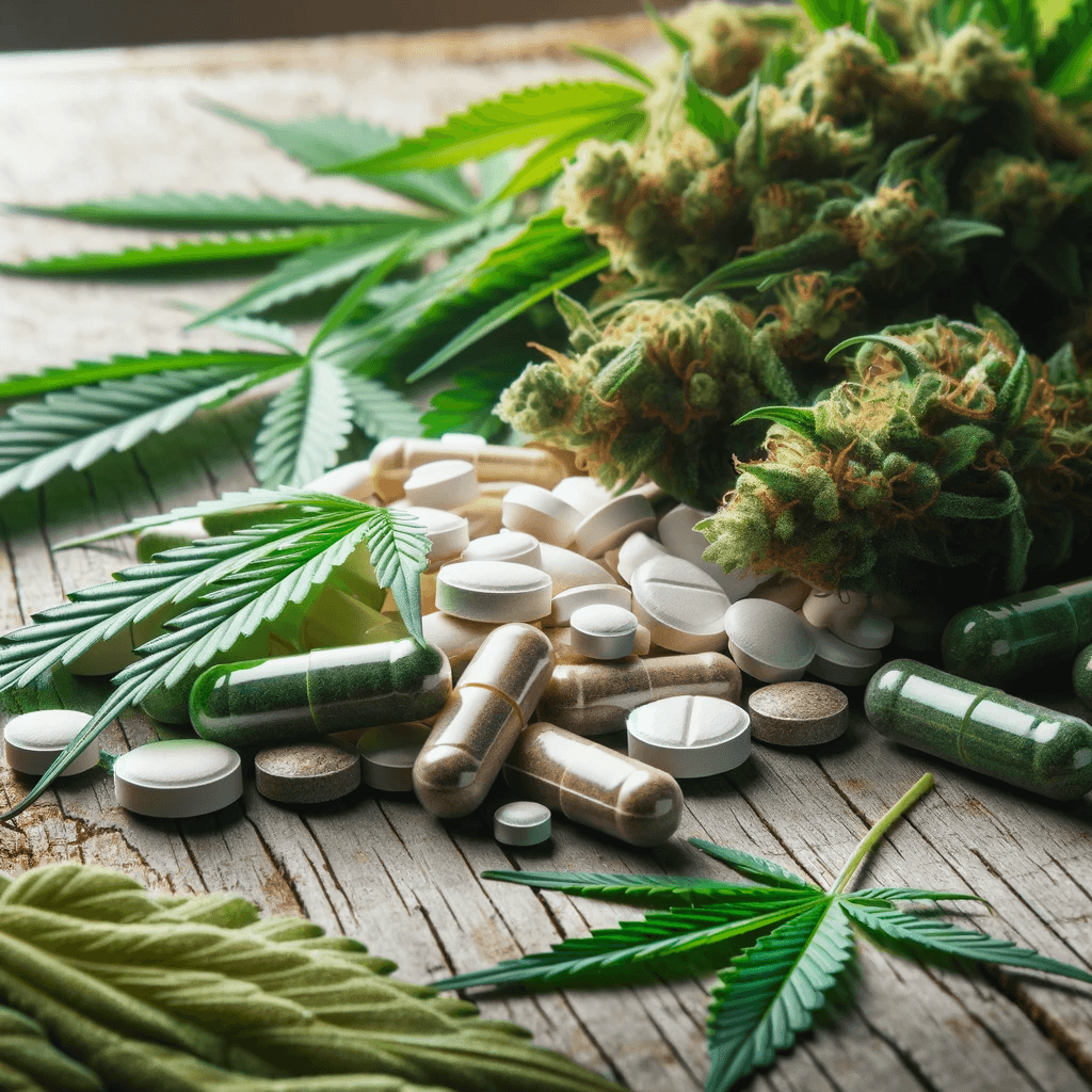 Gros plan sur des pilules Happy Caps avec des feuilles et des bourgeons de cannabis sur une table en bois.