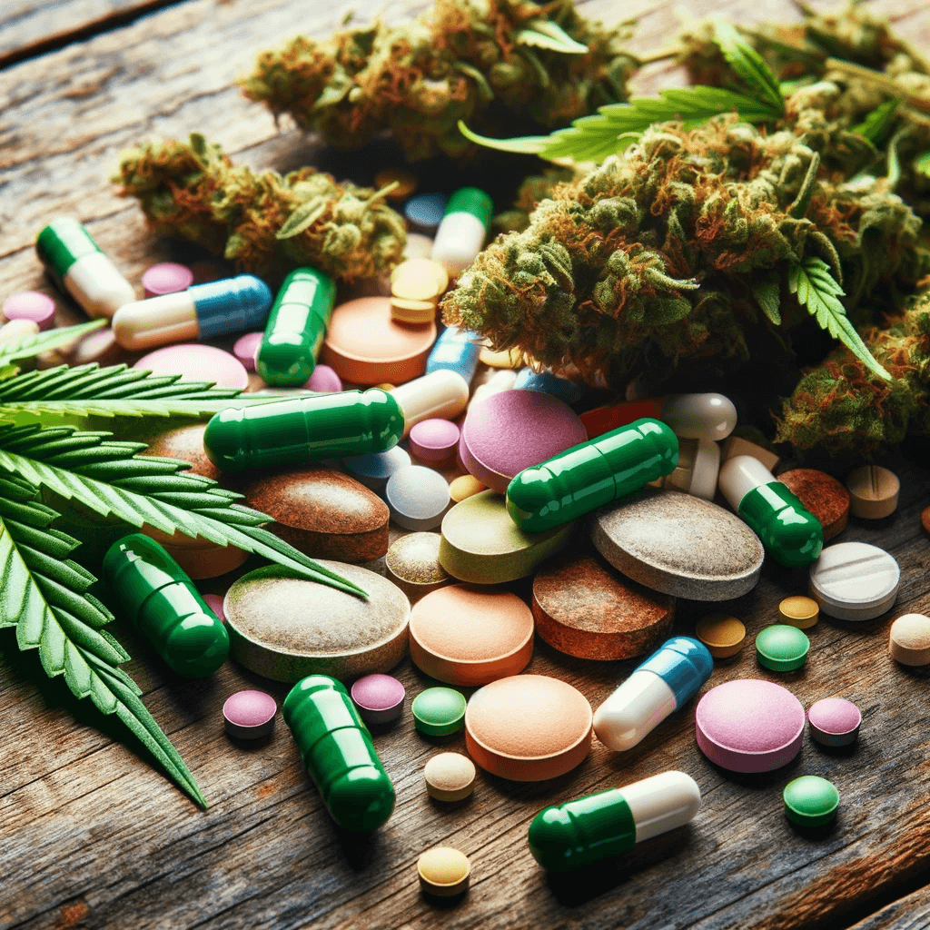 Pilules Happy Caps sur une surface en bois, entourées de feuilles et de bourgeons de cannabis, sous un éclairage chaud.