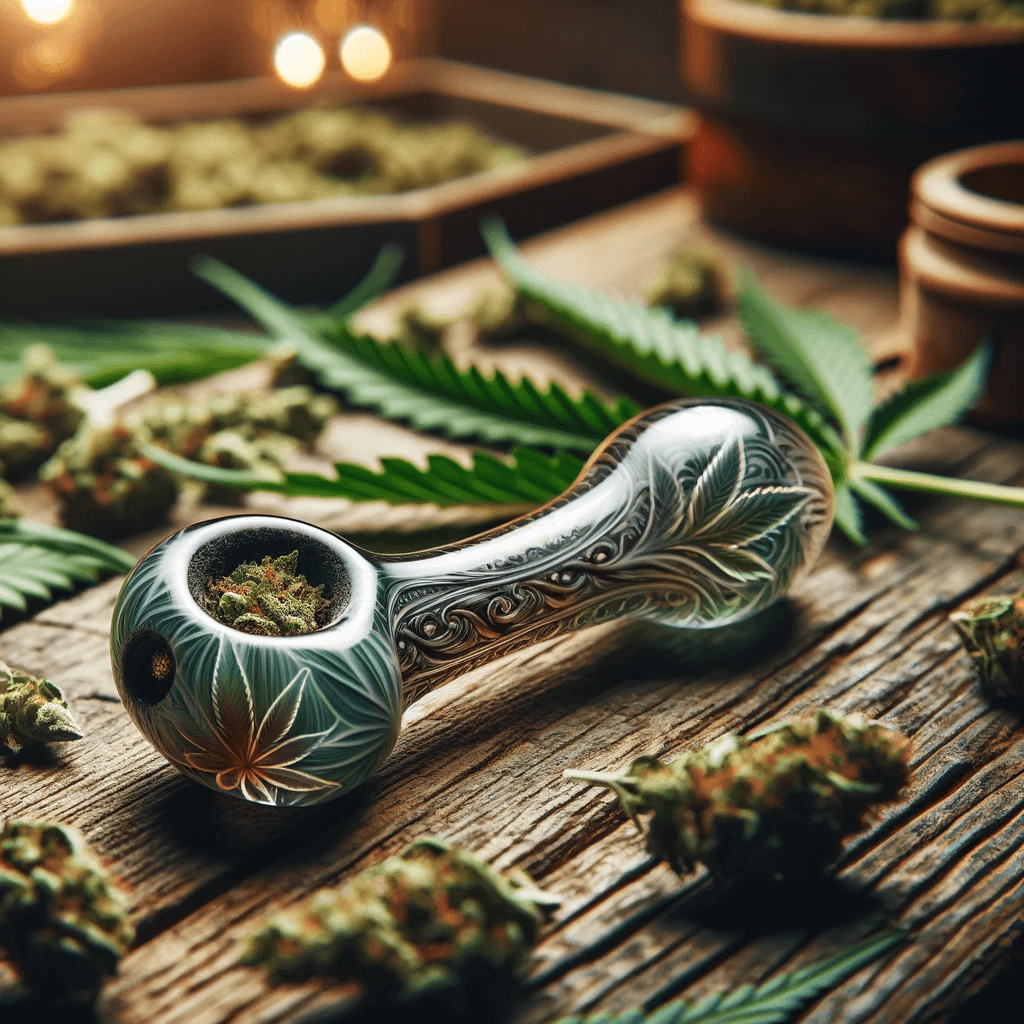 Artistic cannabis pipe on a textured wooden table with leaves and buds artistically arranged.