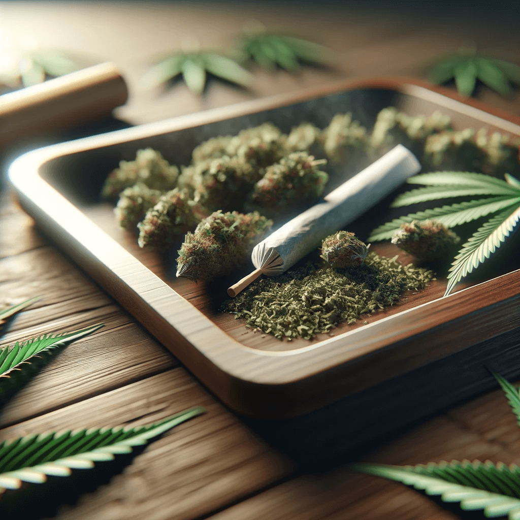 Plateau de cannabis artistiquement disposé avec des feuilles, des bourgeons et des joints, complété par la texture en bois de la table.
