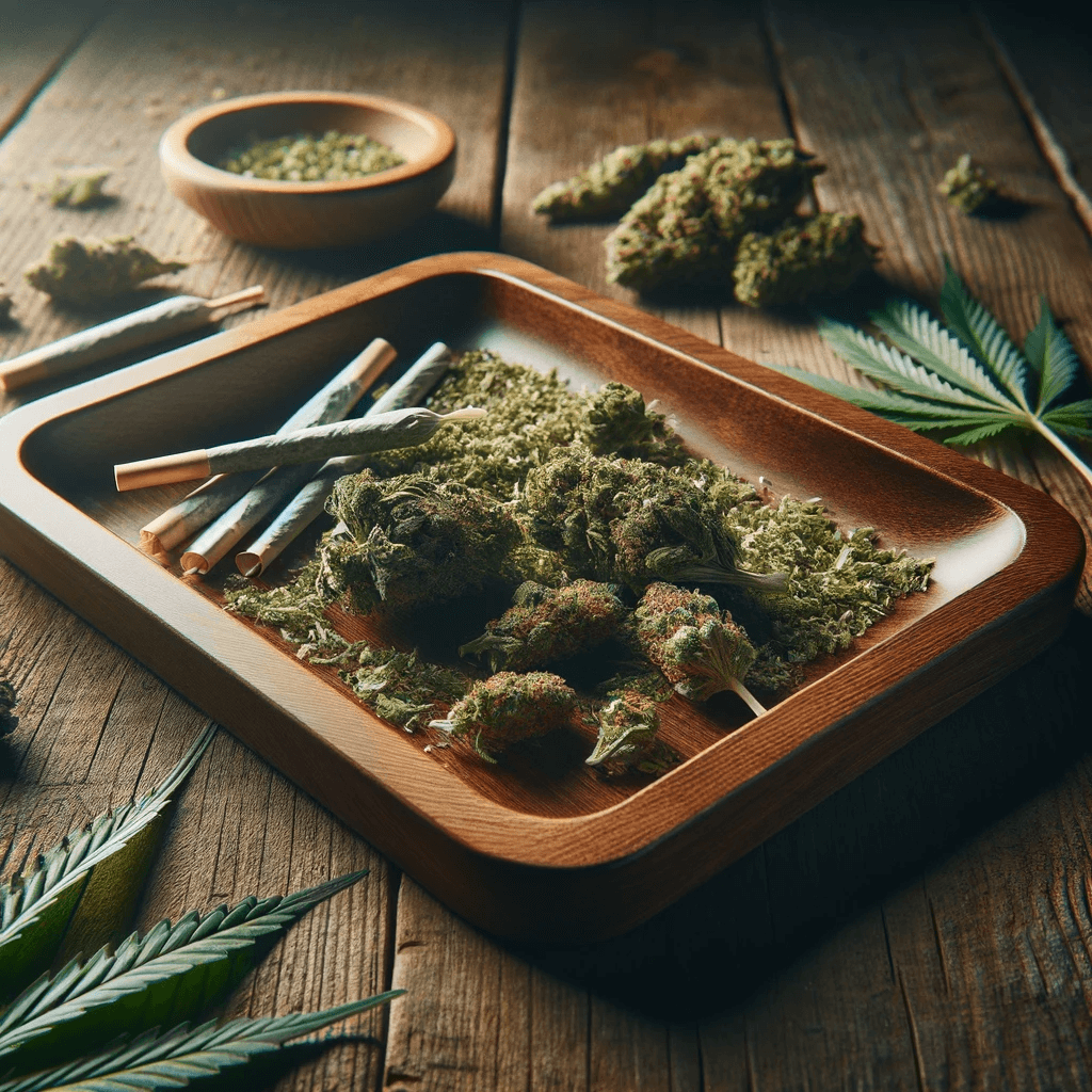 Artistically arranged cannabis rolling tray with leaves, buds, and joints, complemented by the wooden texture of the table.