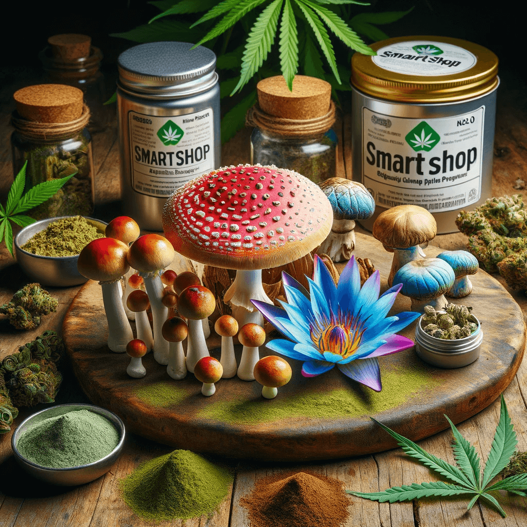 Une présentation artistique des produits essentiels du smartshop, dont l'AMANITA MUSCARIA, les fleurs de lotus bleu, le kratom et les poudres de kanna, avec un récipient de n2o, au milieu de la verdure de cannabis sur une table en bois.
