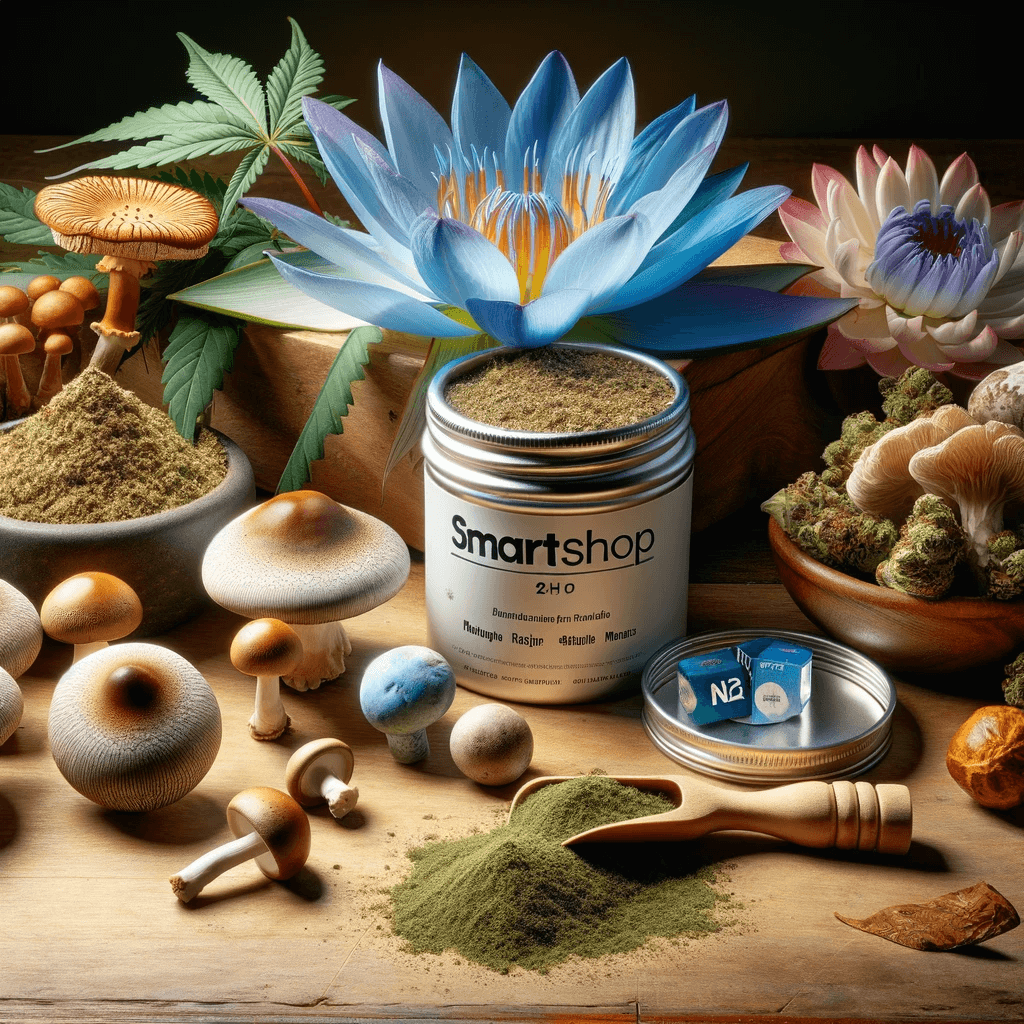 Une variété de produits smartshop incluant AMANITA MUSCARIA, lotus bleu, poudre de kratom, poudre de kanna, récipient n2o, et psilocybe, disposés avec art sur une table en bois entourée de feuilles et de bourgeons de cannabis.