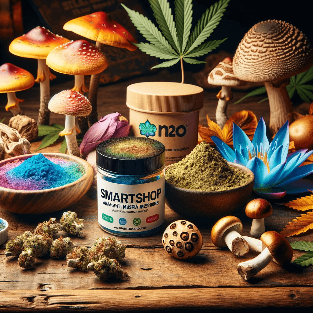 Una variedad de productos de smartshop que incluye AMANITA MUSCARIA, loto azul, kratom en polvo, kanna en polvo, recipiente de n2o y psilocybe, artísticamente dispuestos sobre una mesa de madera rodeada de hojas y cogollos de cannabis.