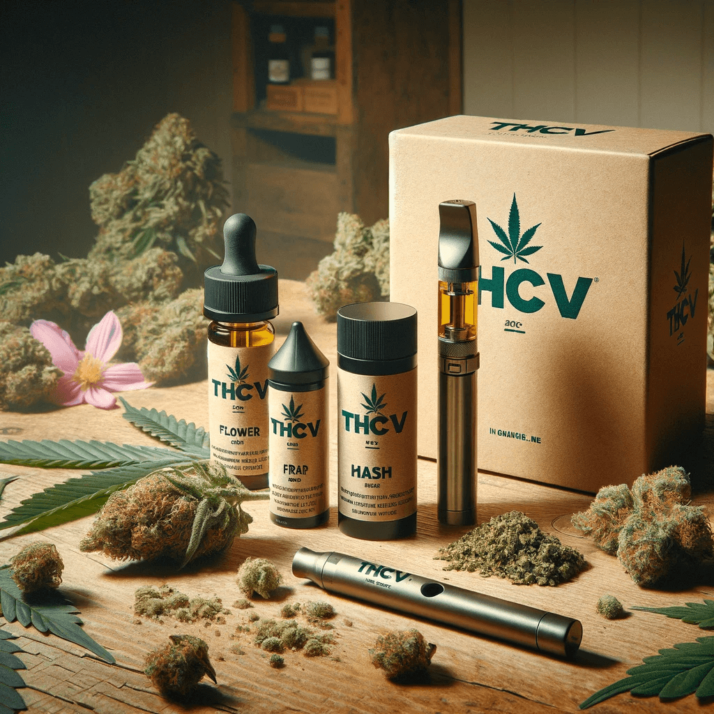 Una varietà di prodotti THCV, tra cui fiori, cartucce, hashish e penne da svapo, esposti su un tavolo di legno circondato da foglie e gemme di cannabis.
