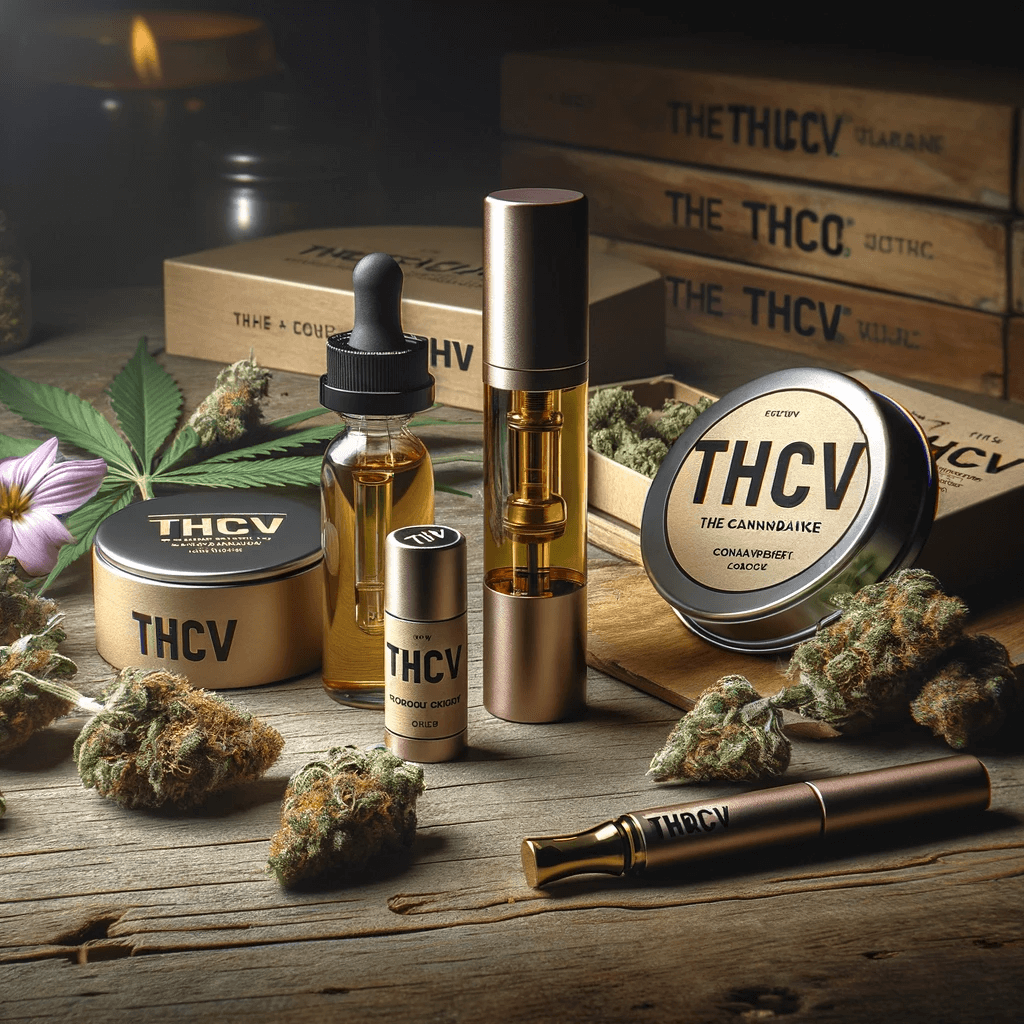 Productos de THCV variados, como flores, cartuchos, hachís y un vaporizador, expuestos sobre una mesa de madera entre hojas y cogollos de cannabis.