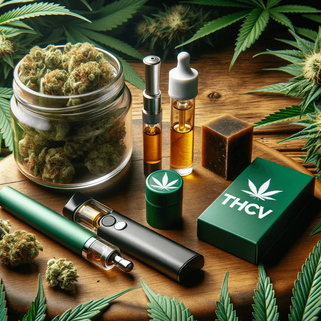 Collection de produits THCV comprenant un stylo de vapotage, une cartouche, du hasch et des fleurs, élégamment présentés sur une surface en bois avec du feuillage de cannabis.