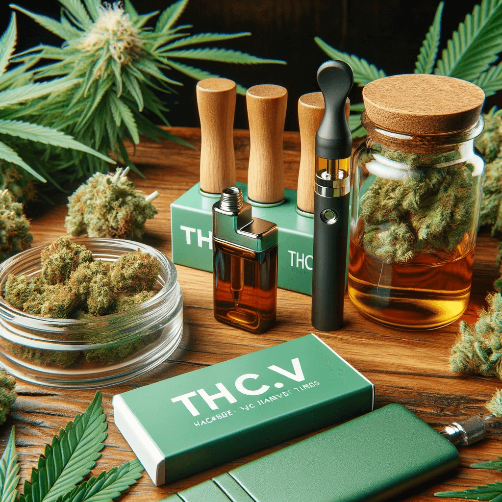 Exposición de diversos productos de THCV (flores, hachís, cartuchos y vaporizadores) sobre una mesa de madera con hojas y cogollos de cannabis decorativos.