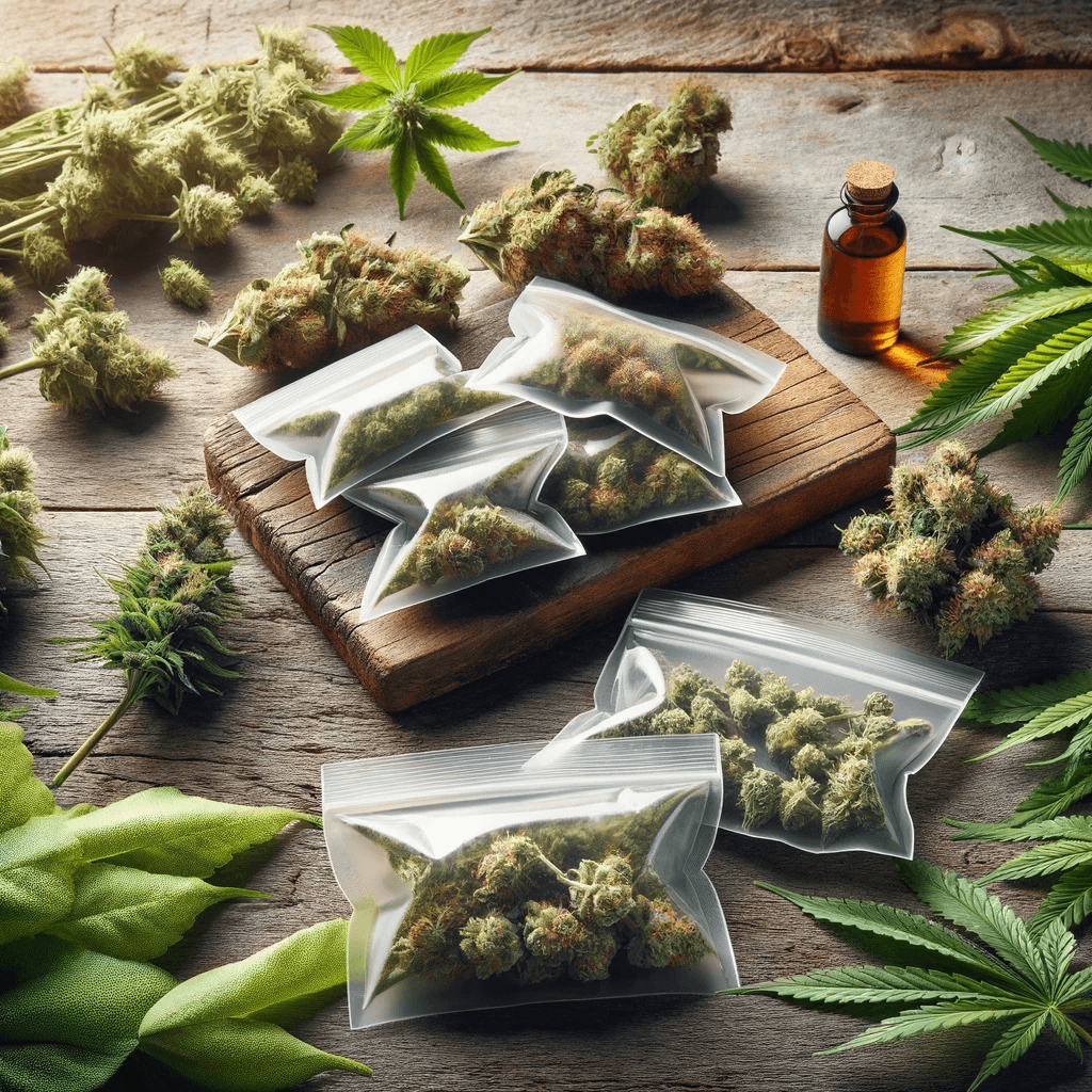 Fleurs de cannabis THCV présentées de manière rustique sur une table en bois, certaines dans des sachets et d'autres au milieu d'un feuillage vert.