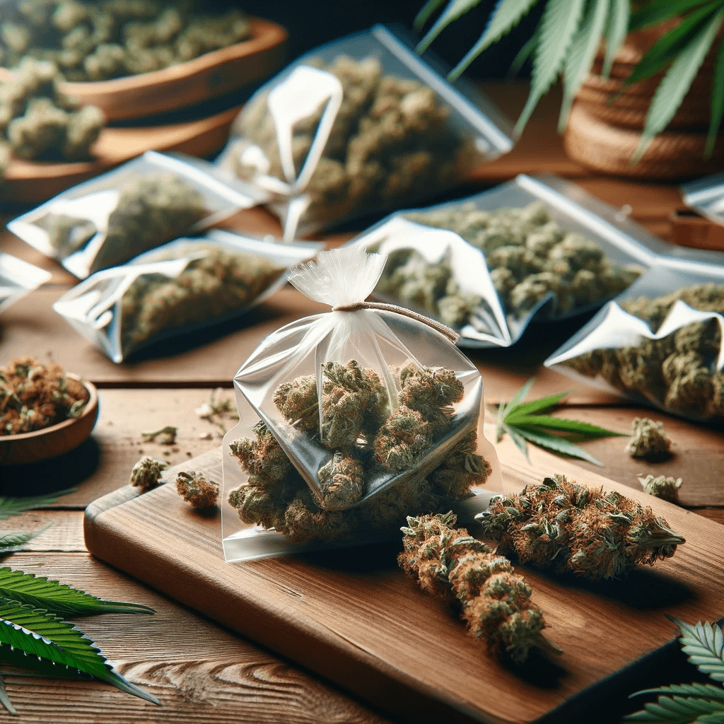 Fleurs de cannabis THCV variées disposées sur une table en bois, un mélange de fleurs ensachées et non ensachées avec des feuilles luxuriantes.