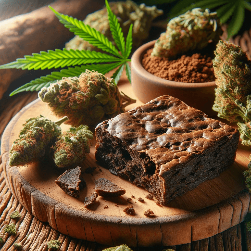Pièce maîtresse en résine de THCV sur une table en bois, entourée d'un ensemble de feuilles et de bourgeons de cannabis.