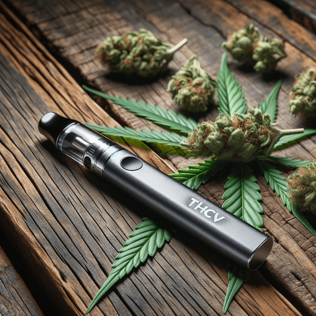 Penna da svapo THCV accanto a un gruppo di cime di cannabis su un tavolo di legno strutturato.