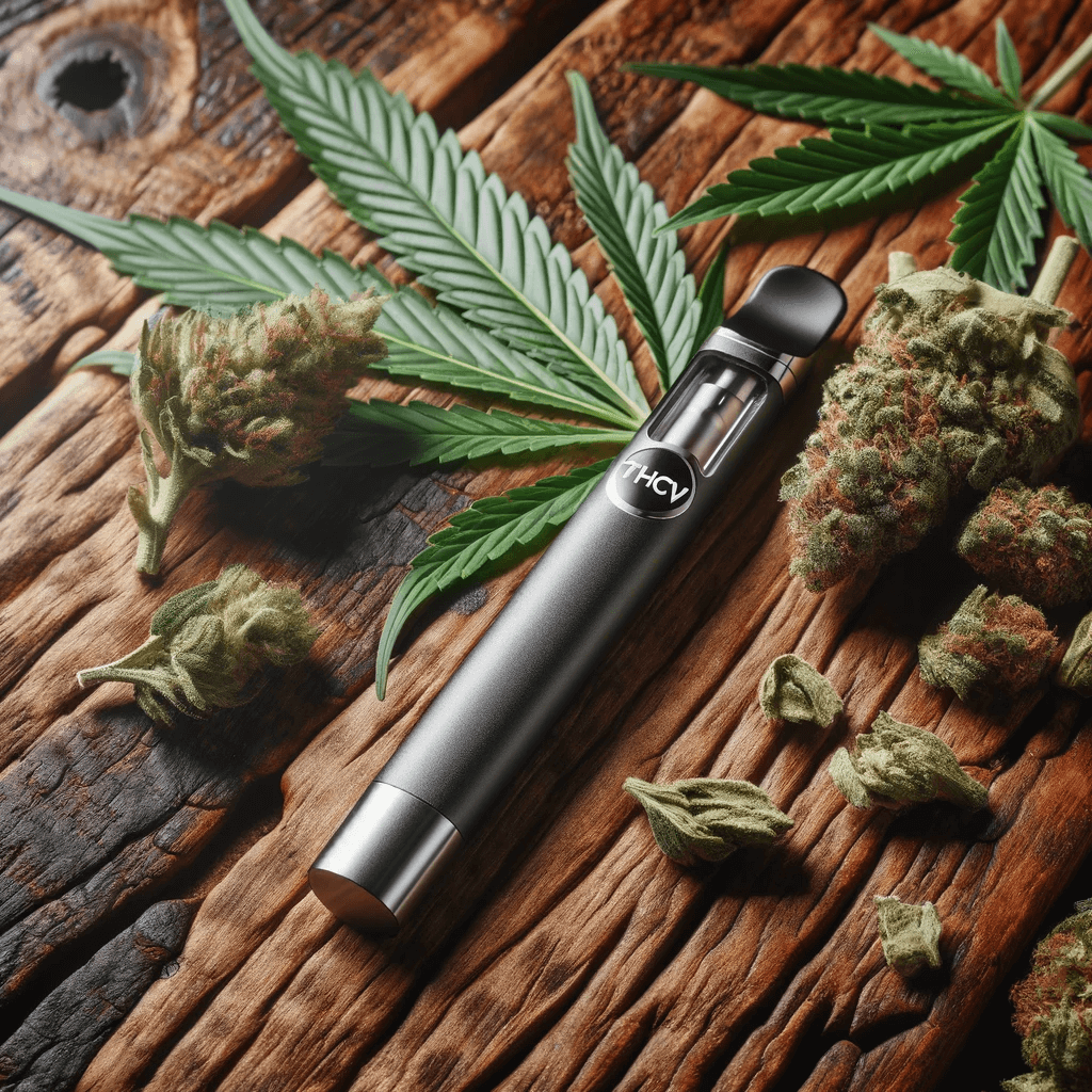 Penna THCV appoggiata su un tavolo di legno, circondata da foglie e boccioli di cannabis.Exploring the World of THCV: A Vape Pen Amidst Nature's Offerings.