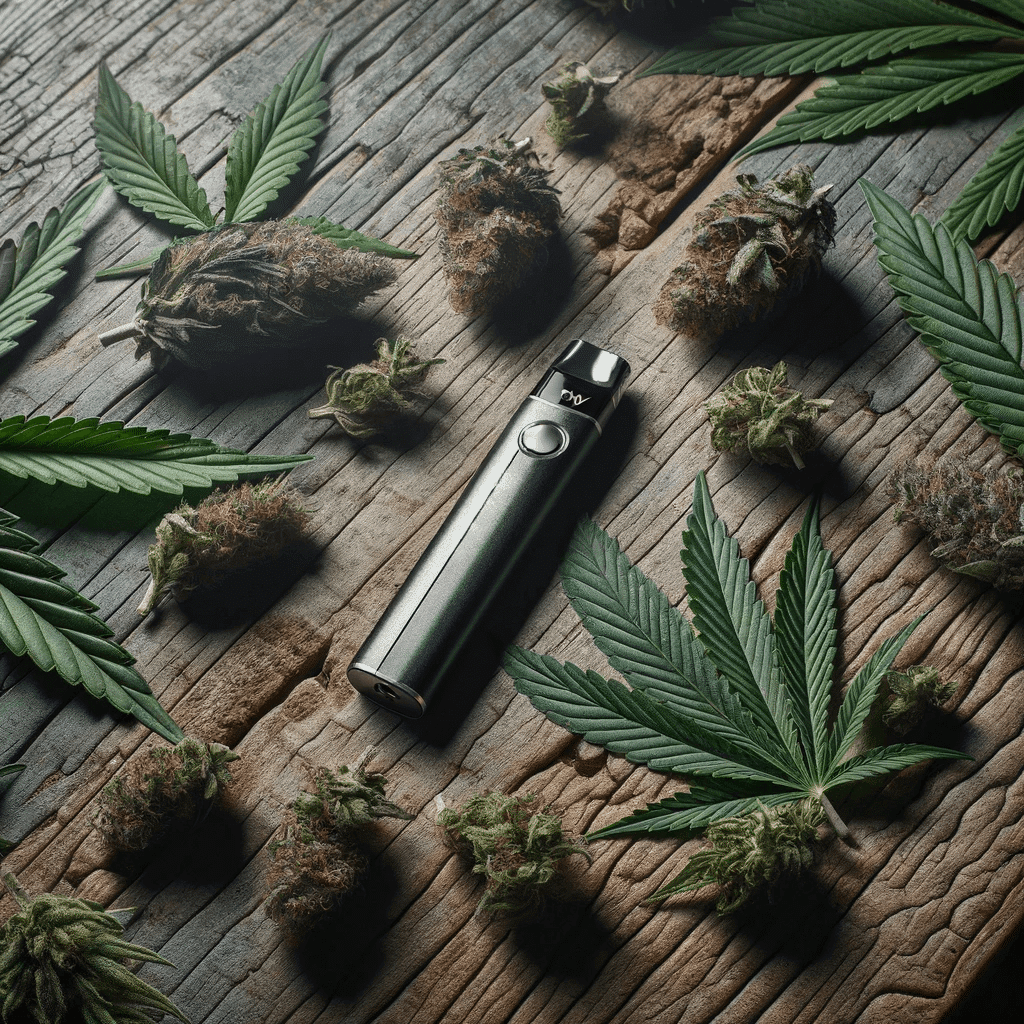 THCV vape pen placed on a wooden table, surrounded by cannabis leaves and buds.