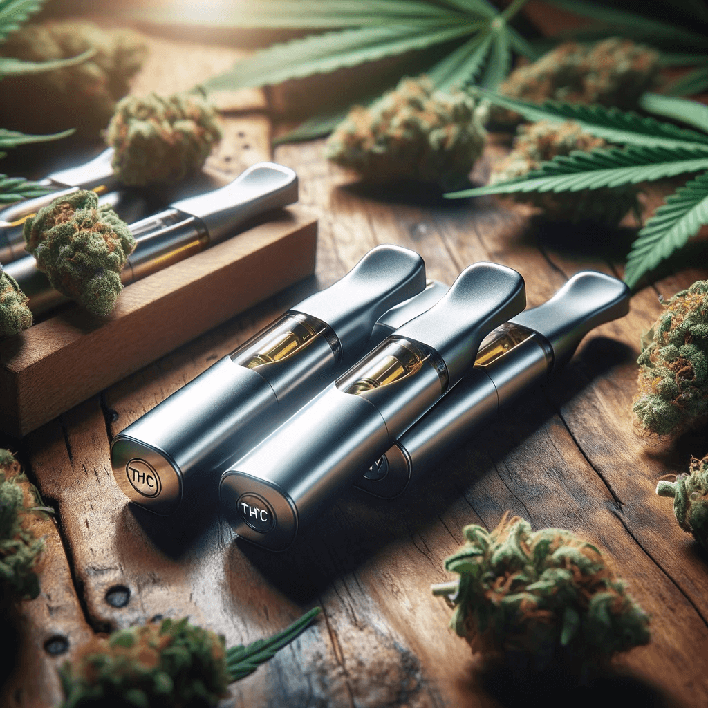 Cartouches THCV disposées sur une table en bois, entourées de bourgeons et de feuilles de cannabis.