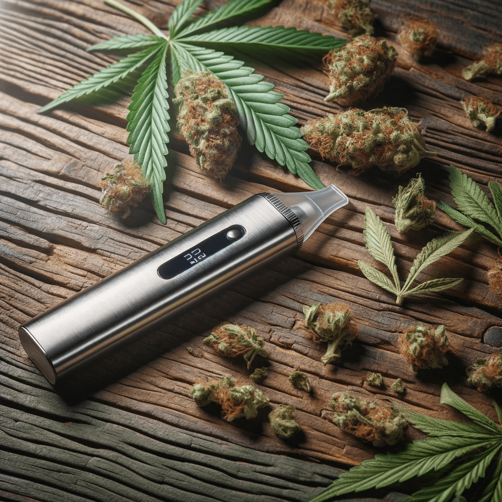 Elegante vaporizzatore di cannabis con bocchino in vetro su una scrivania di legno, in mezzo a piante di cannabis.