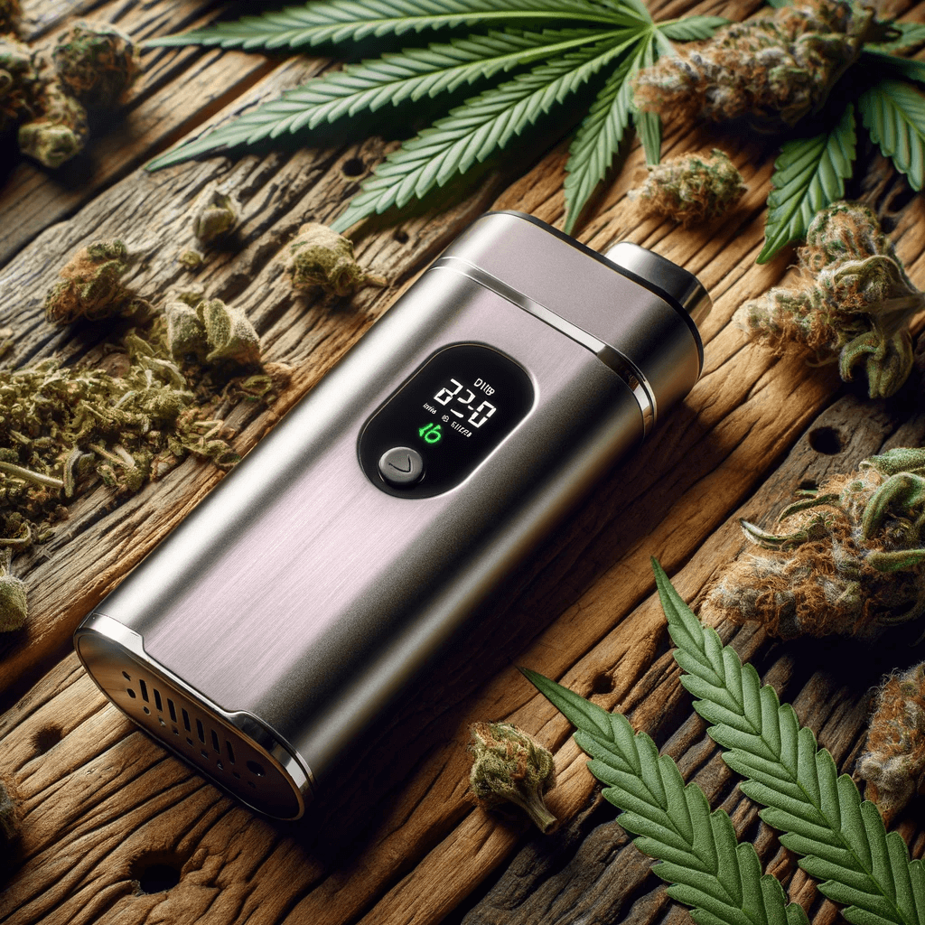 Vaporisateur de cannabis portable à côté d'un grinder sur une surface en bois avec des feuilles de cannabis éparpillées.