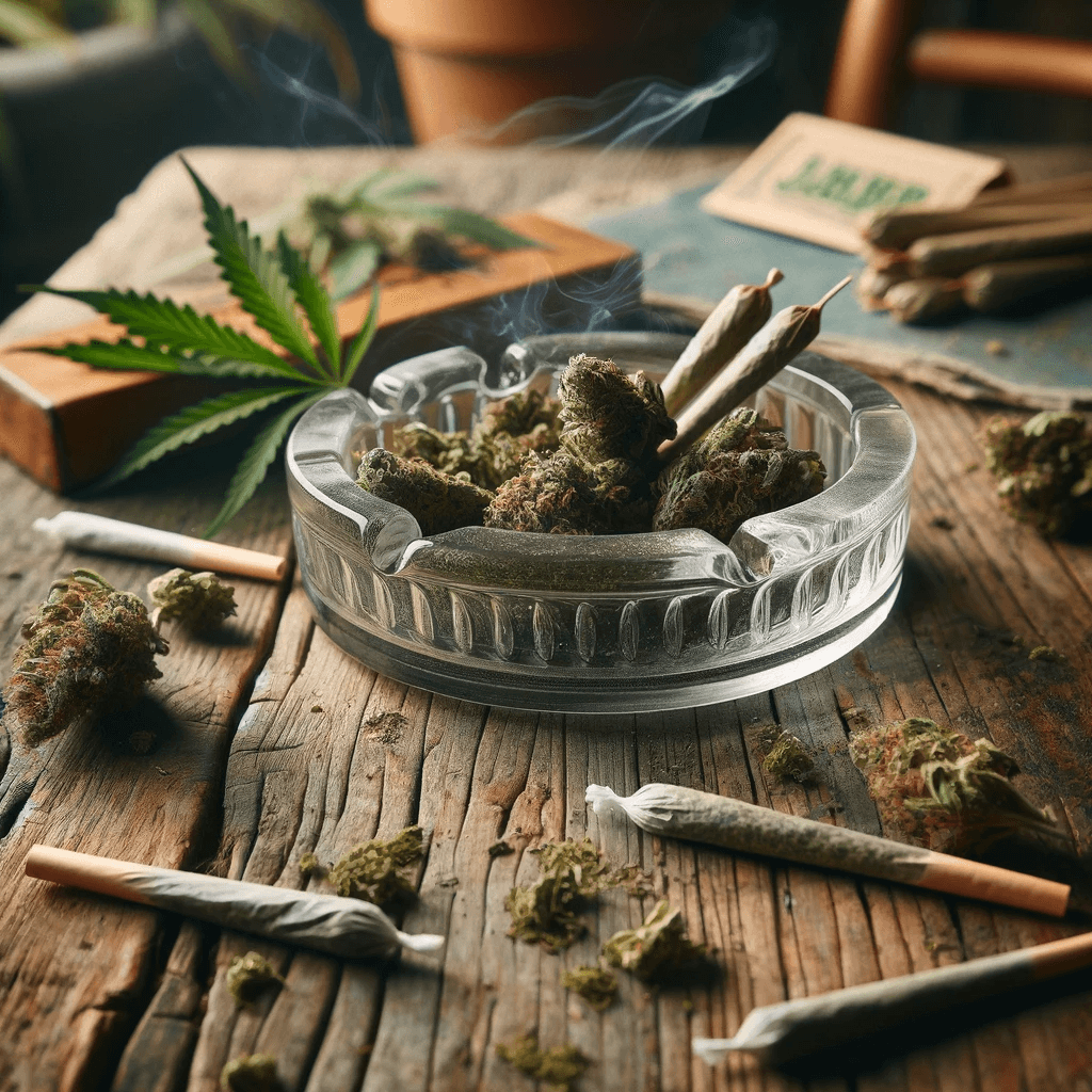 Un cendrier sur une table en bois, entouré de feuilles et de bourgeons de cannabis.