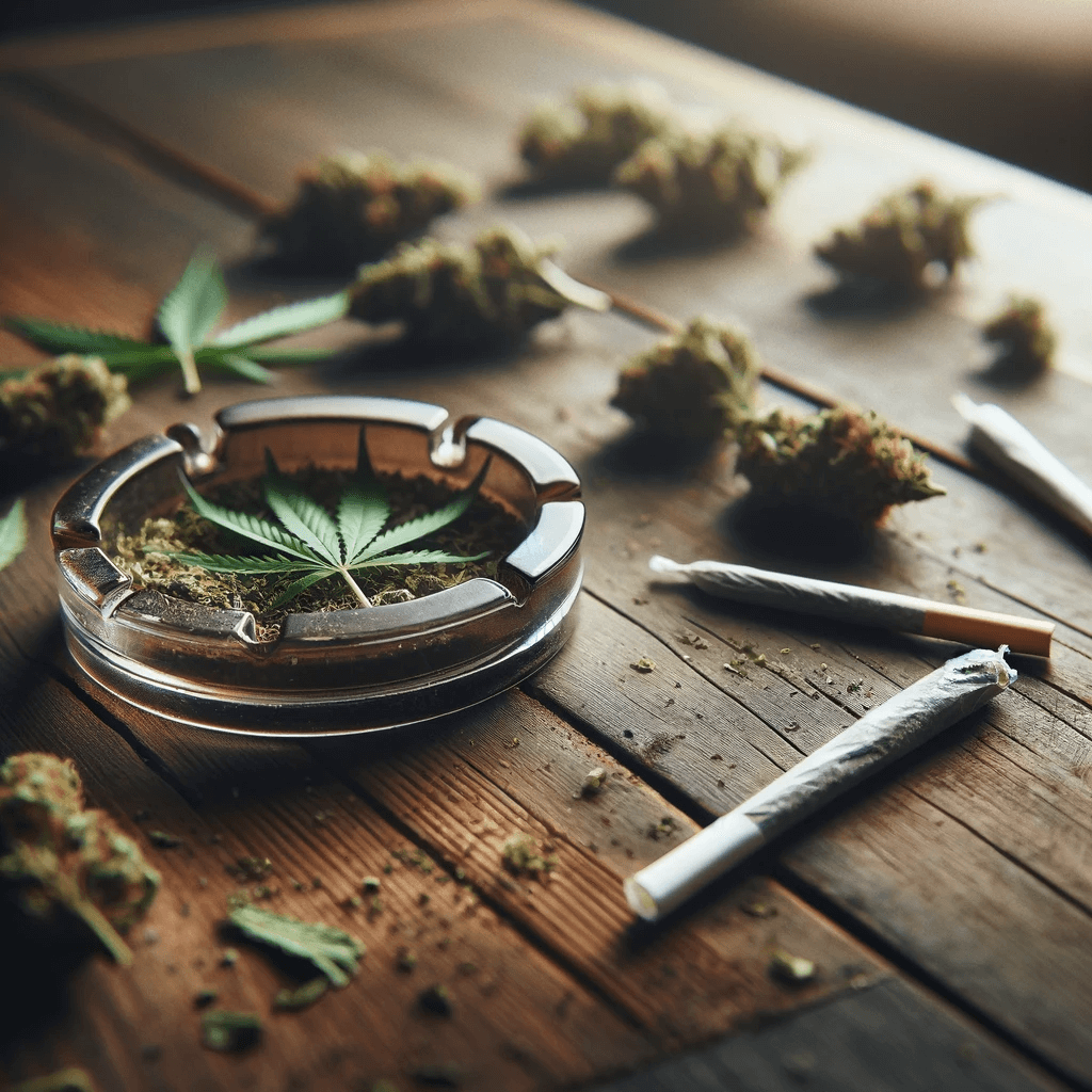 Un cendrier et un briquet sur une table en bois sombre, entourés de feuilles de cannabis fraîches.